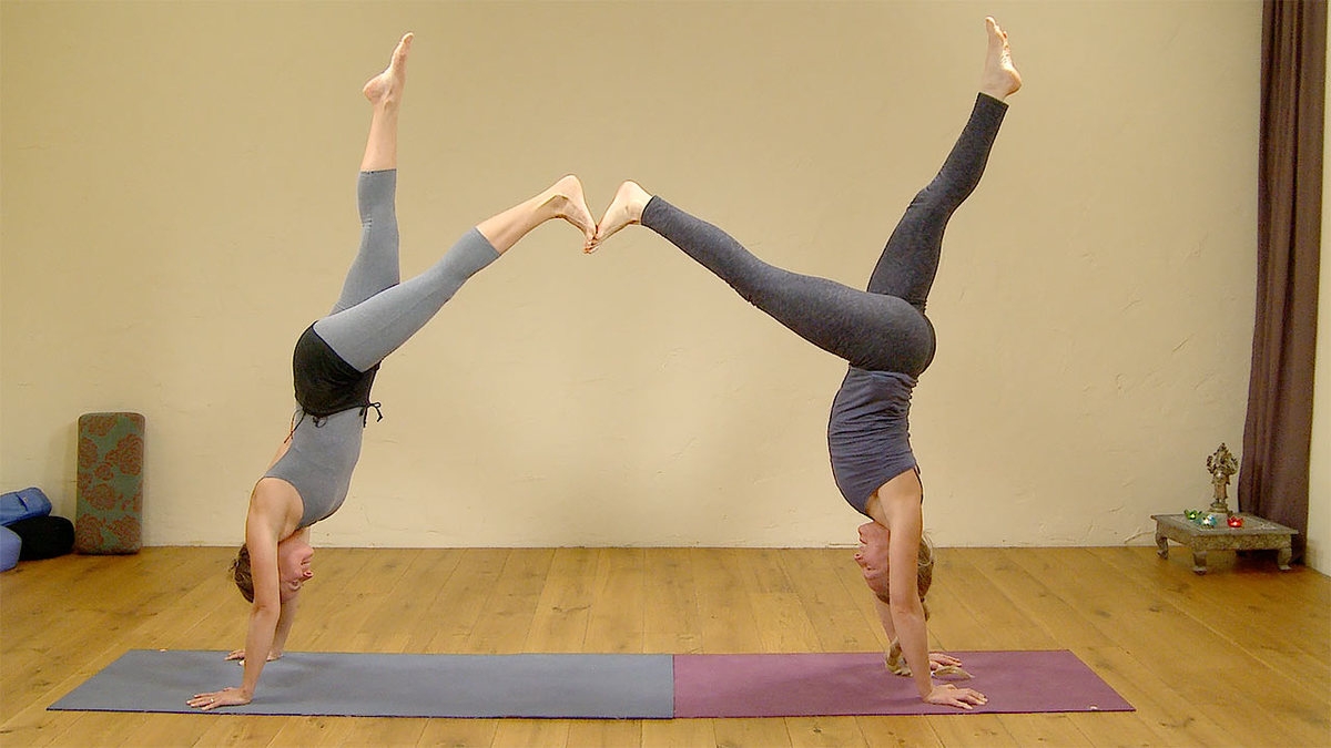 Two Sporty Smiling Women Doing Yoga Exercise and Performing with Extended  Triangle Pose and Handstand Pose. Copy Space Stock Image - Image of figure,  practicing: 158129523